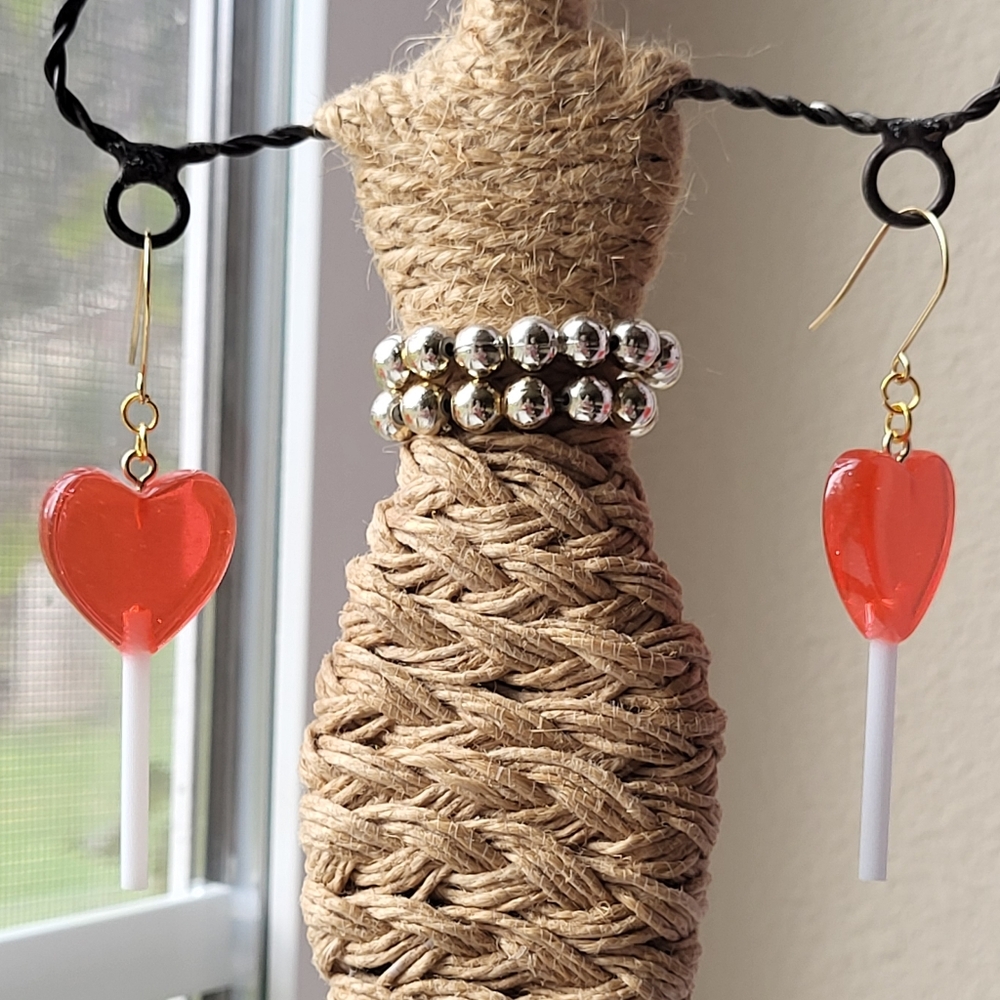 ❤️ Glitter Heart Lollipop Earrings - Red - Picture 6 of 10